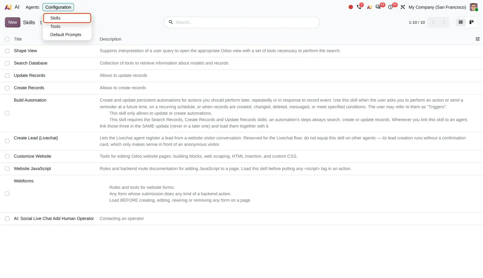 Odoo 20 Topics renamed to skills: The Skills menu that replaces Topics.