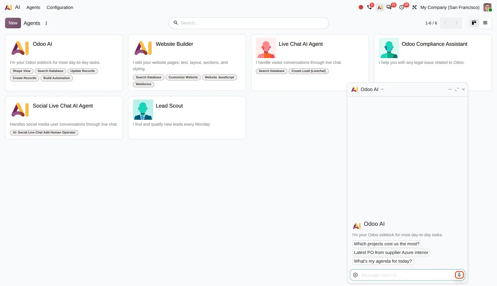 Odoo 20 Voice interaction: The microphone button to dictate a request.