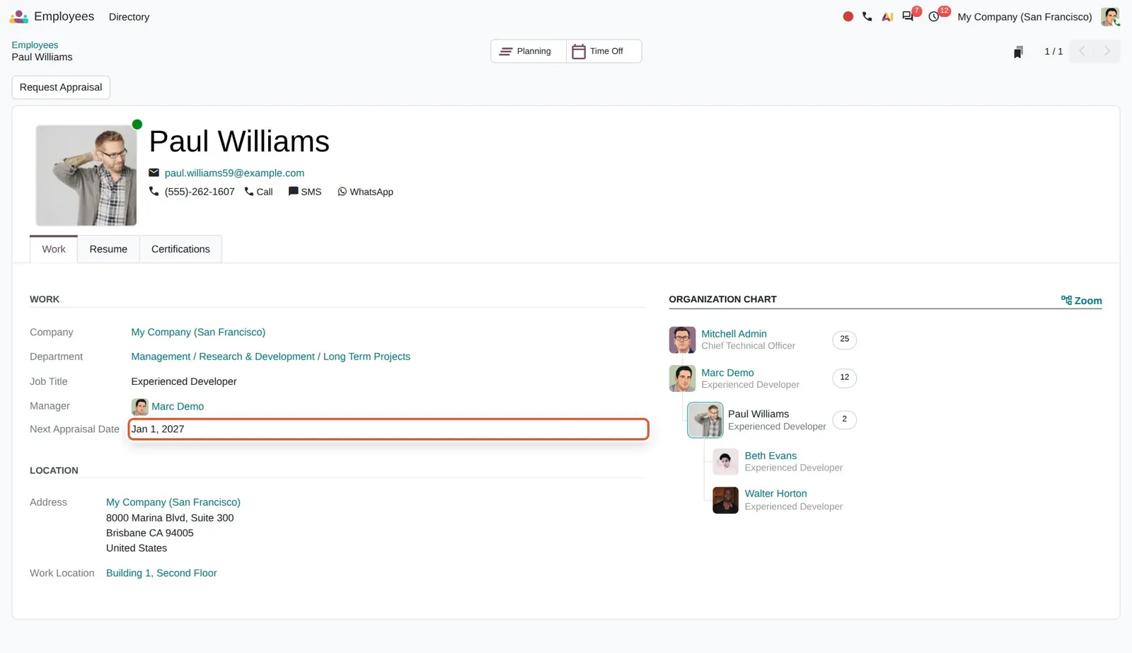 Odoo 20 Next appraisal date: Marc Demo, who has no HR or Appraisal rights, sees Paul Williams' Next Appraisal Date.