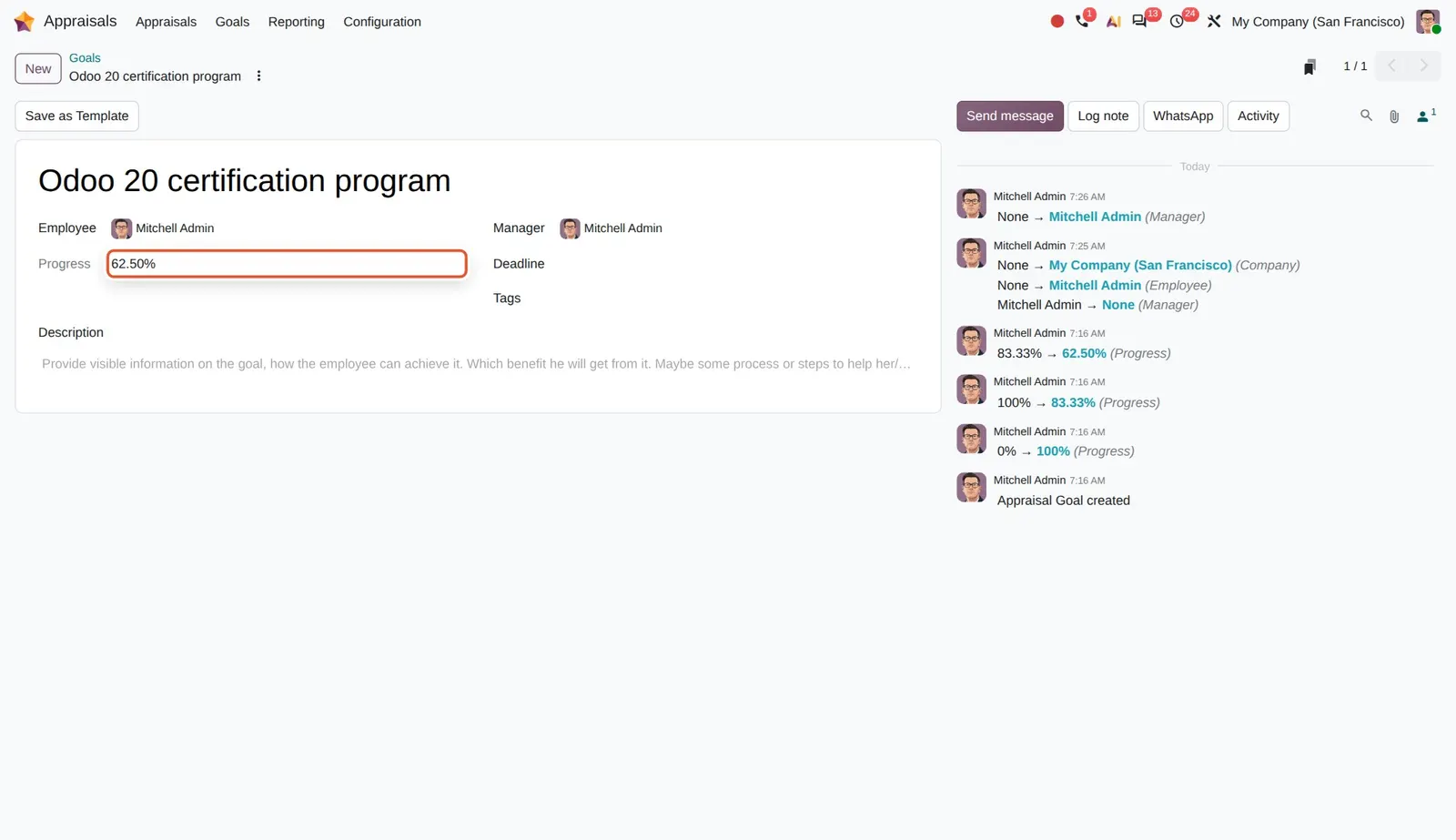 Odoo 20 Parent goal progression: Progress 62.50%: the average of four sub-goals at 100%, 100%, 50% and 0%.