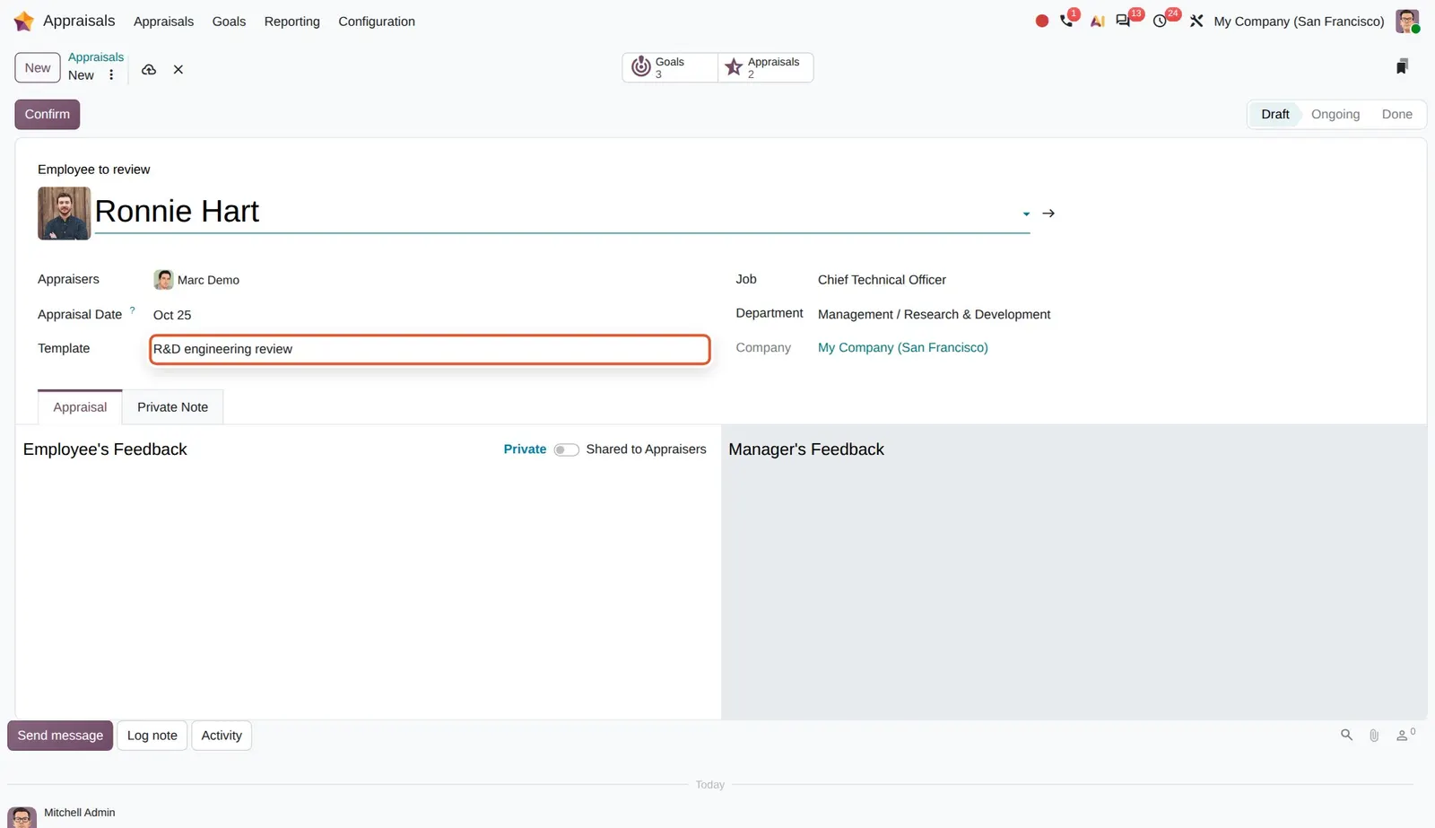 Odoo 20 Smart template selection: For Ronnie Hart (Research & Development) the template defaults to "R&D engineering review", the template linked to that department.