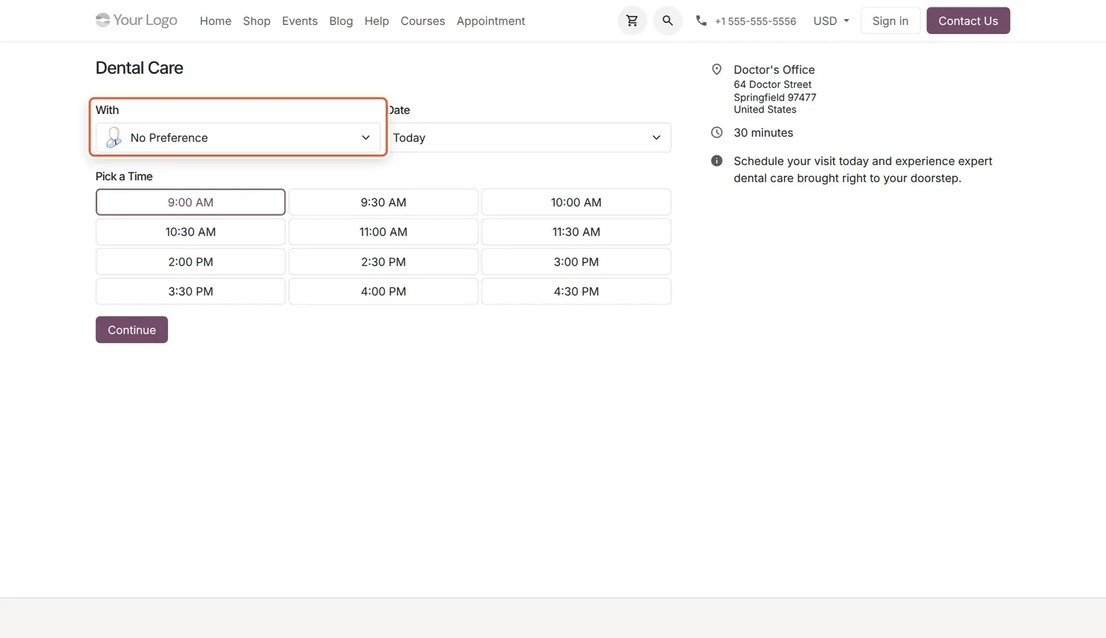 Odoo 20 Appointment booking flow: The "With" dropdown (staff choice) sits next to the Date dropdown, above the time slots on the same page.