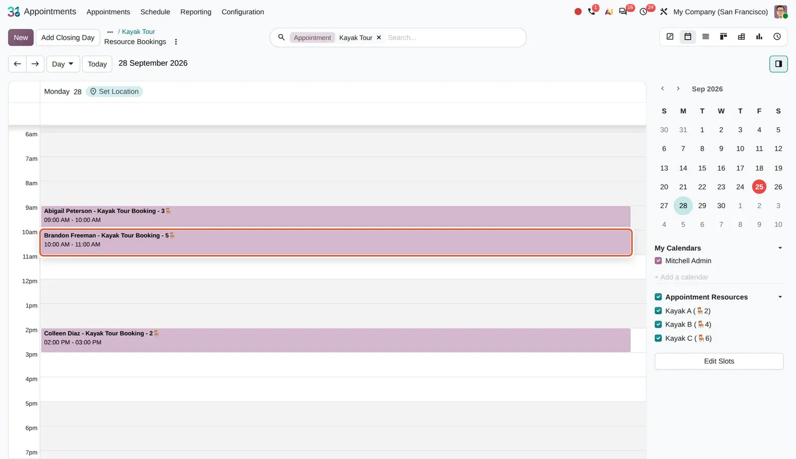 Odoo 20 Appointment names: The booking reads "Brandon Freeman - Kayak Tour Booking - 5" followed by a seat icon: customer, type and 5 seats.