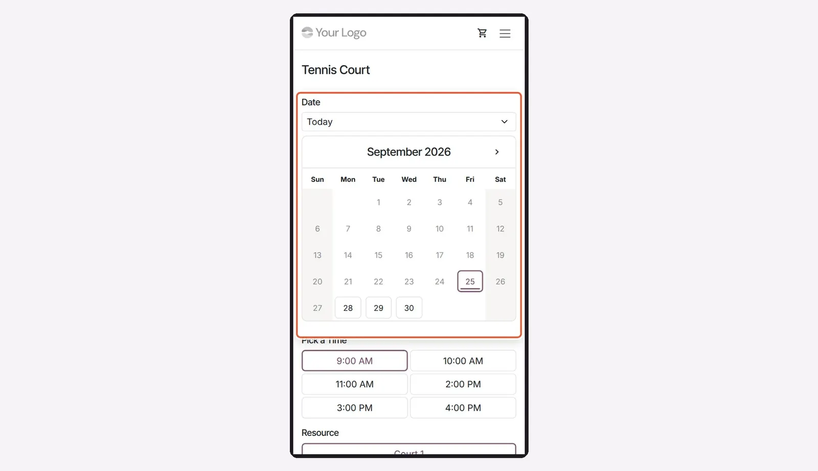 Odoo 20 Appointment page design: On a phone, the Date dropdown opens a compact month calendar; available days are shown as buttons.