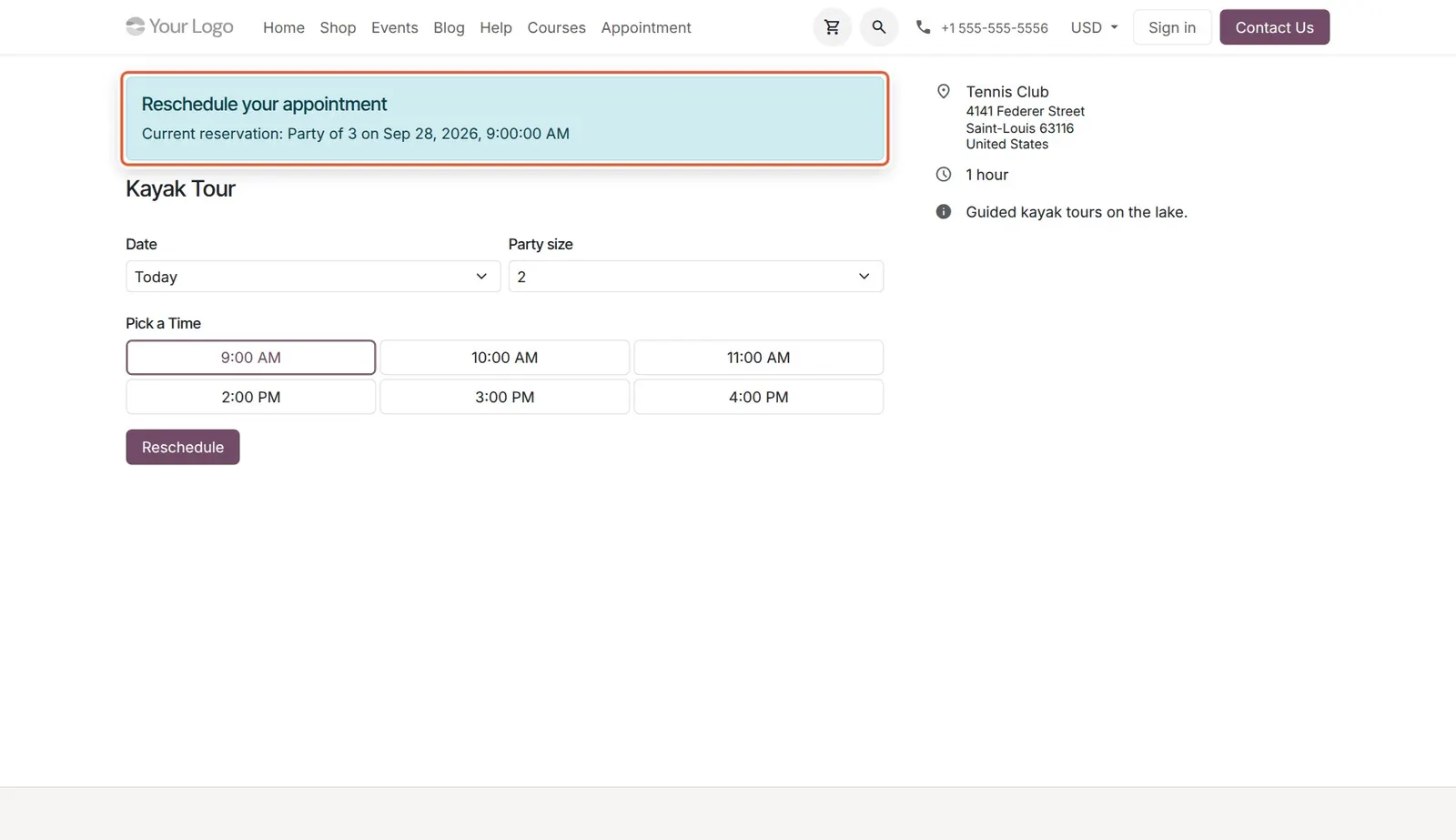 Odoo 20 Appointment rescheduling: The booking page opens in reschedule mode and recalls the current reservation: party of 3 on Sep 28 at 9:00 AM.
