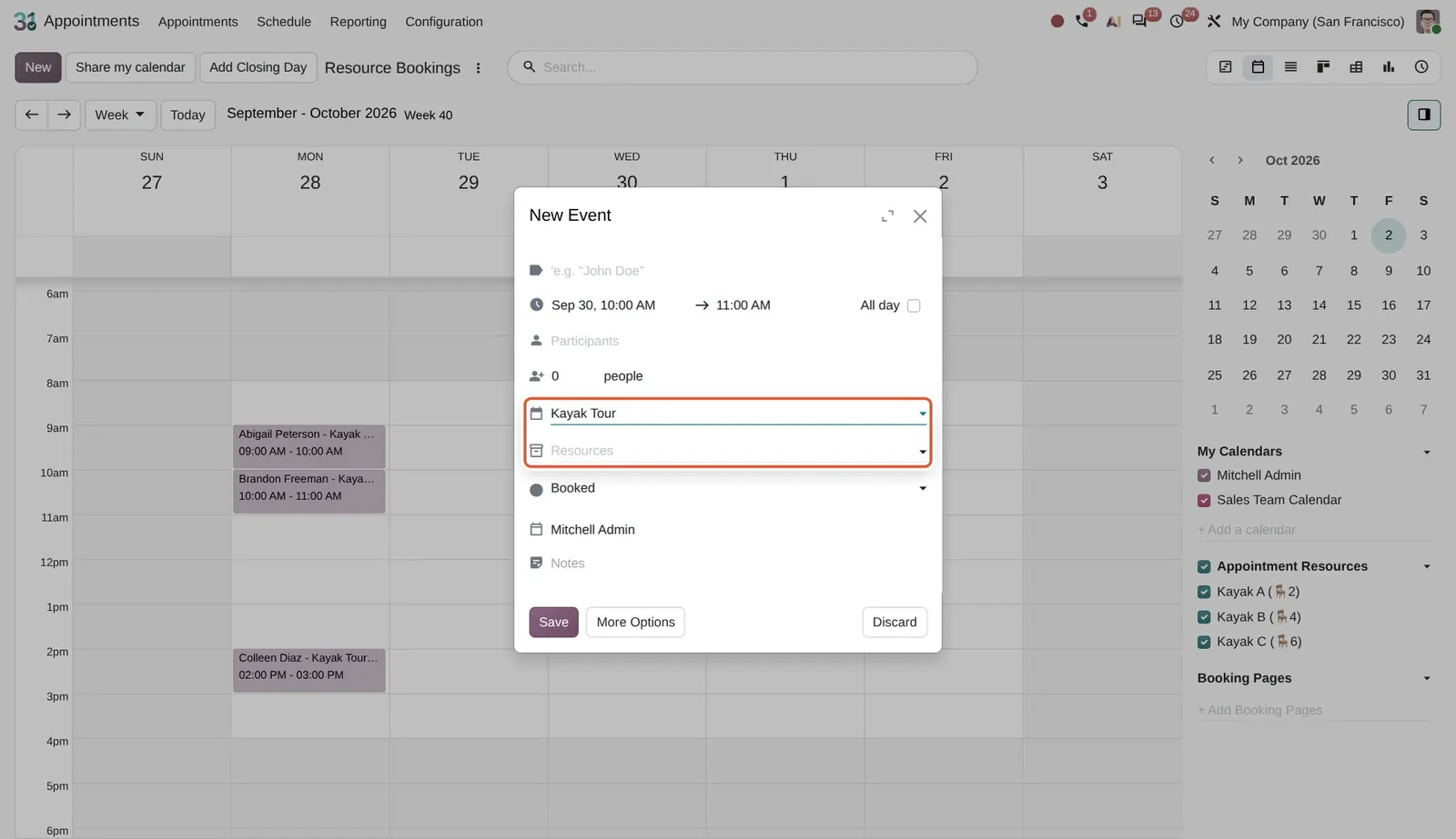 Odoo 20 Appointments calendar view: The new booking form lets you pick the appointment type (Kayak Tour) and then its resources.