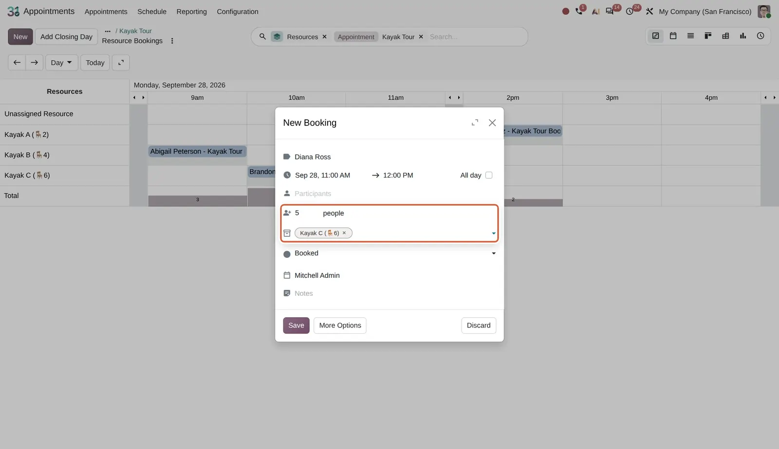Odoo 20 Automatic resource assignment: The cell clicked was Kayak A (2 seats). Entering 5 people switched the resource to Kayak C (6 seats).