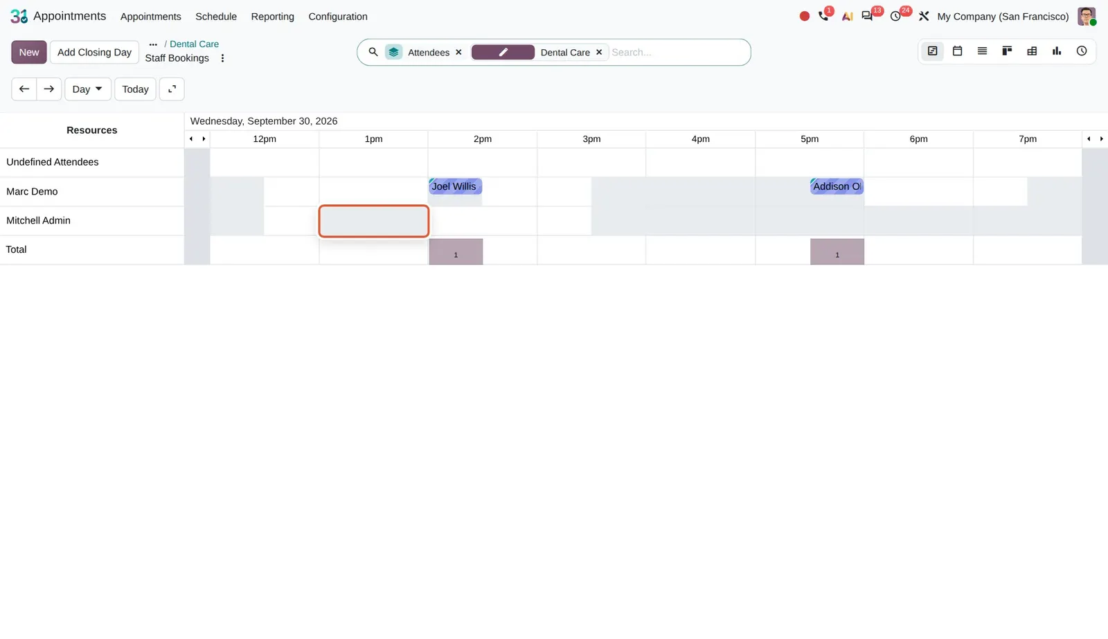Odoo 20 Availability display: Mitchell Admin's 1 PM to 2 PM slot is greyed out because of a private event marked as busy.