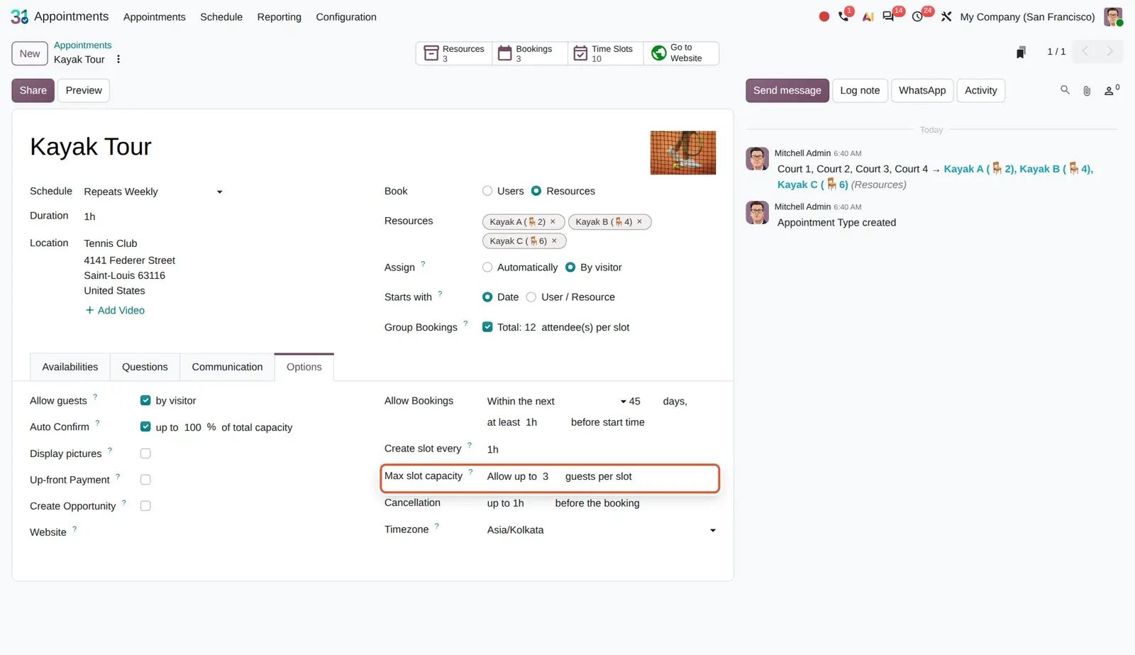 Odoo 20 Booking capacity control: "Max slot capacity: Allow up to 3 guests per slot".