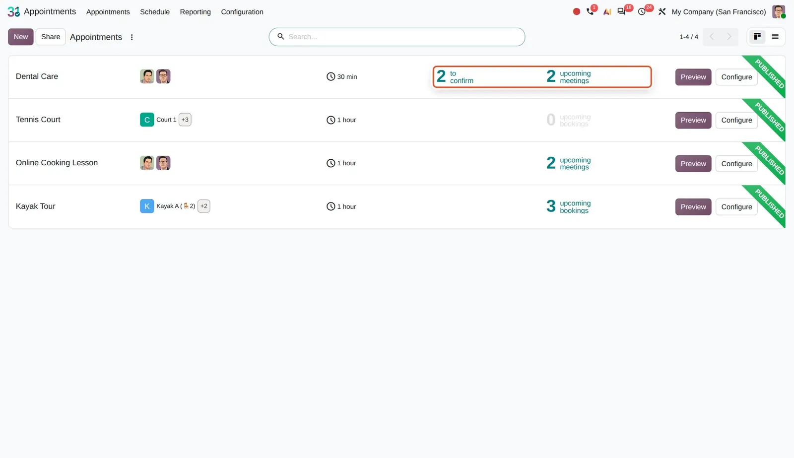 Odoo 20 Booking shortcuts: The Dental Care card: "2 to confirm" and "2 upcoming meetings" are shortcuts to those bookings.