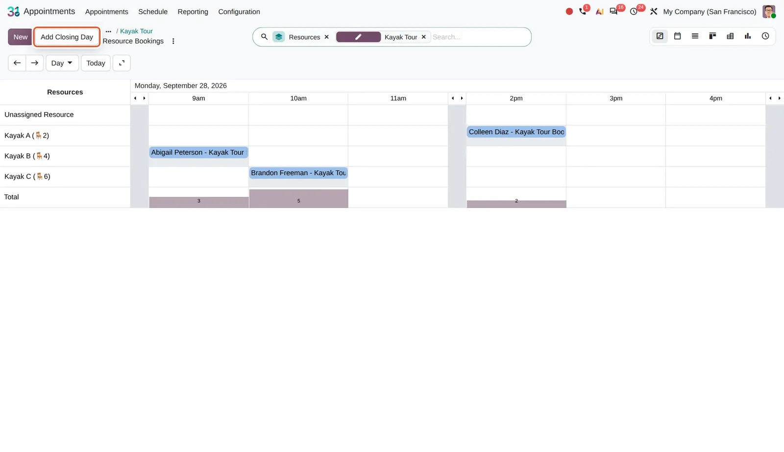 Odoo 20 Closed days management: The Add Closing Day button next to New in the booking Gantt view.