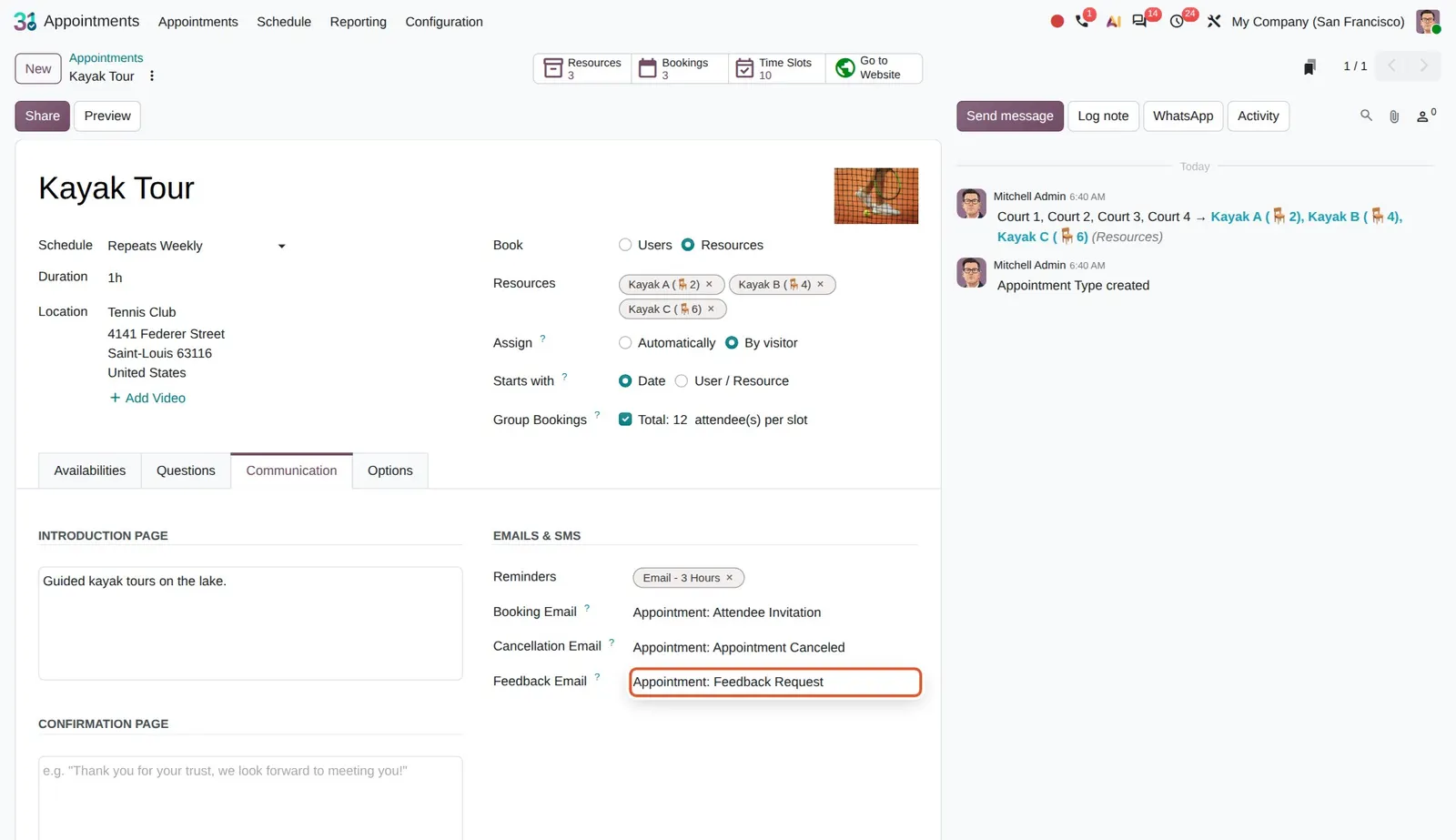 Odoo 20 Customer feedback: Feedback Email set to "Appointment: Feedback Request".