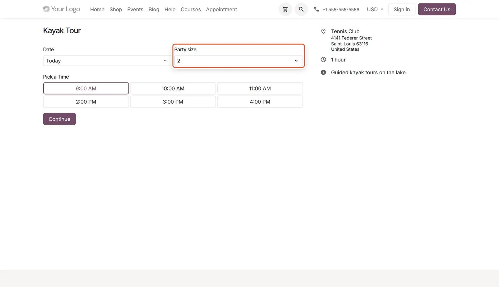 Odoo 20 Default party size: Party size is preselected at 2.
