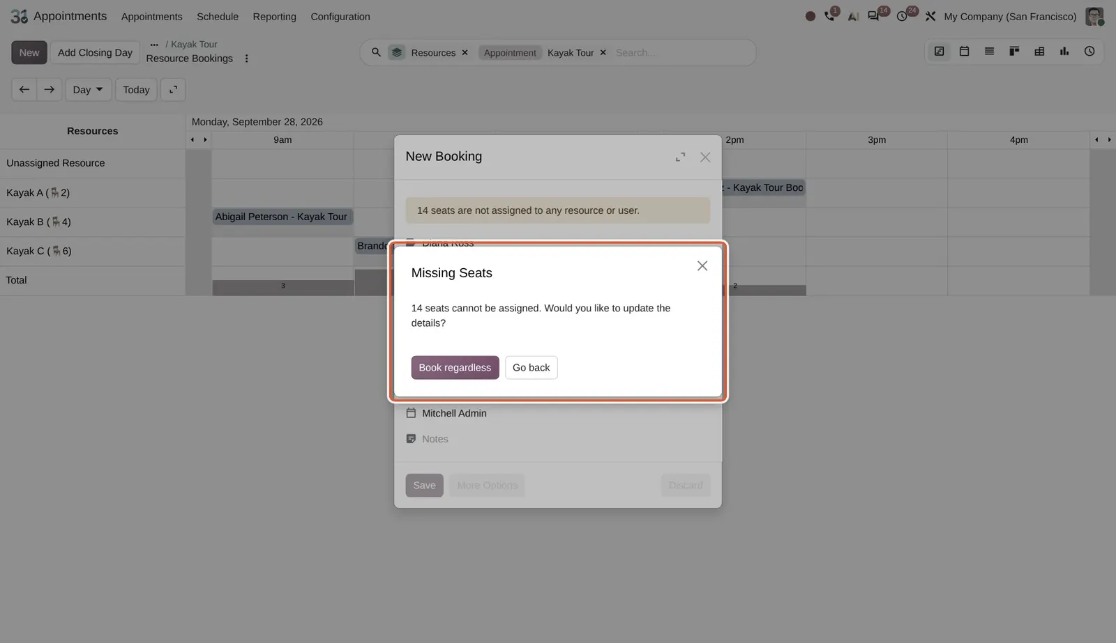 Odoo 20 Maximum capacity override: The "Missing Seats" dialog: 14 seats cannot be assigned, with Book regardless or Go back.