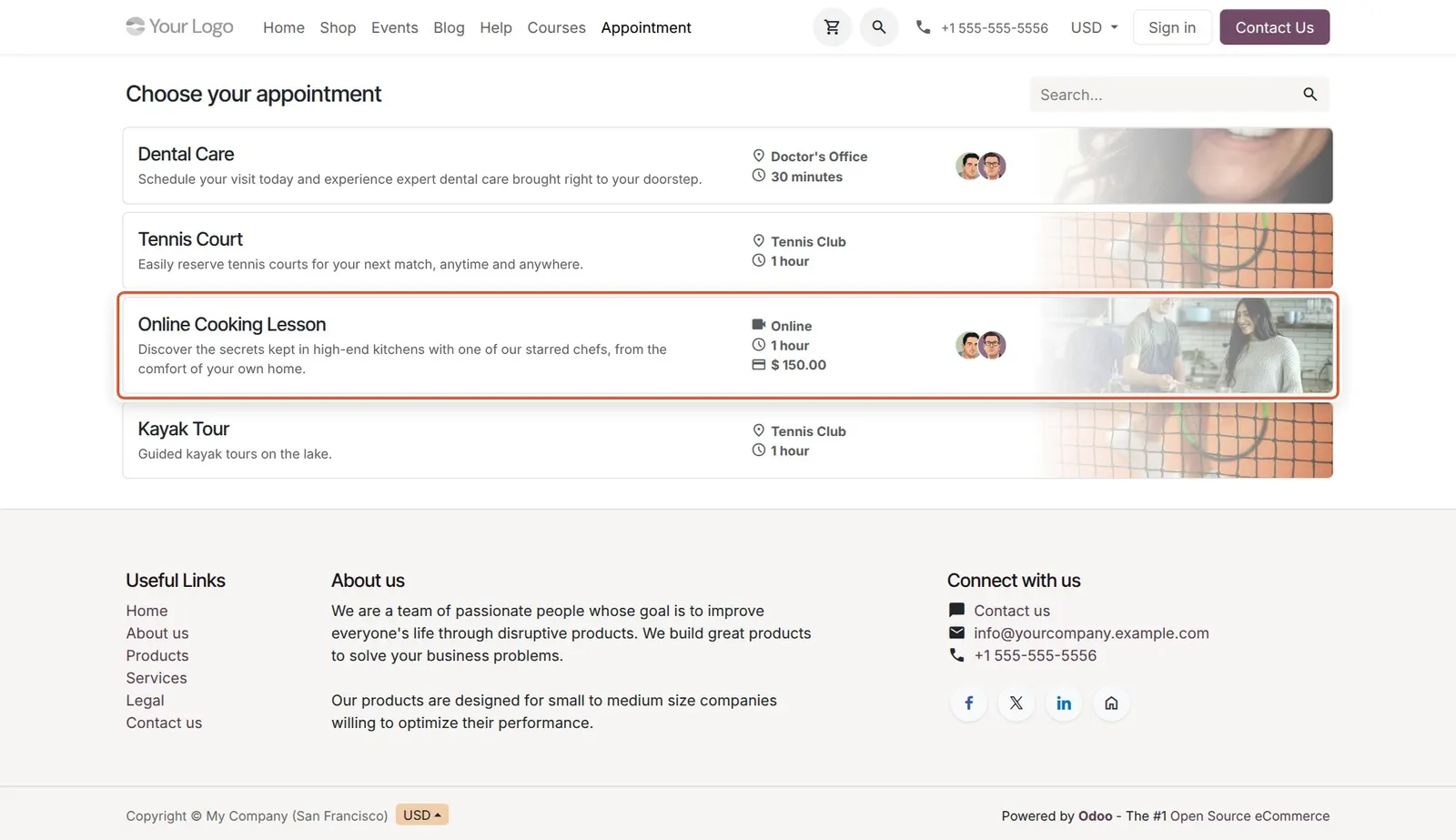 Odoo 20 Web page redesign: The Online Cooking Lesson card lists the location (Online), duration, price and the staff.