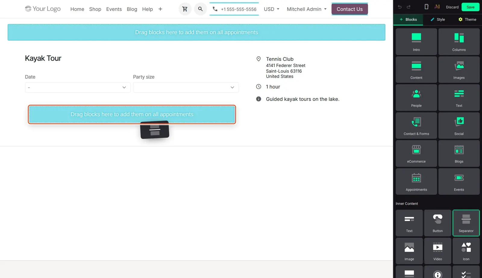 Odoo 20 Website editor blocks: While dragging a block, a drop zone inside the booking column reads "Drag blocks here to add them on all appointments".