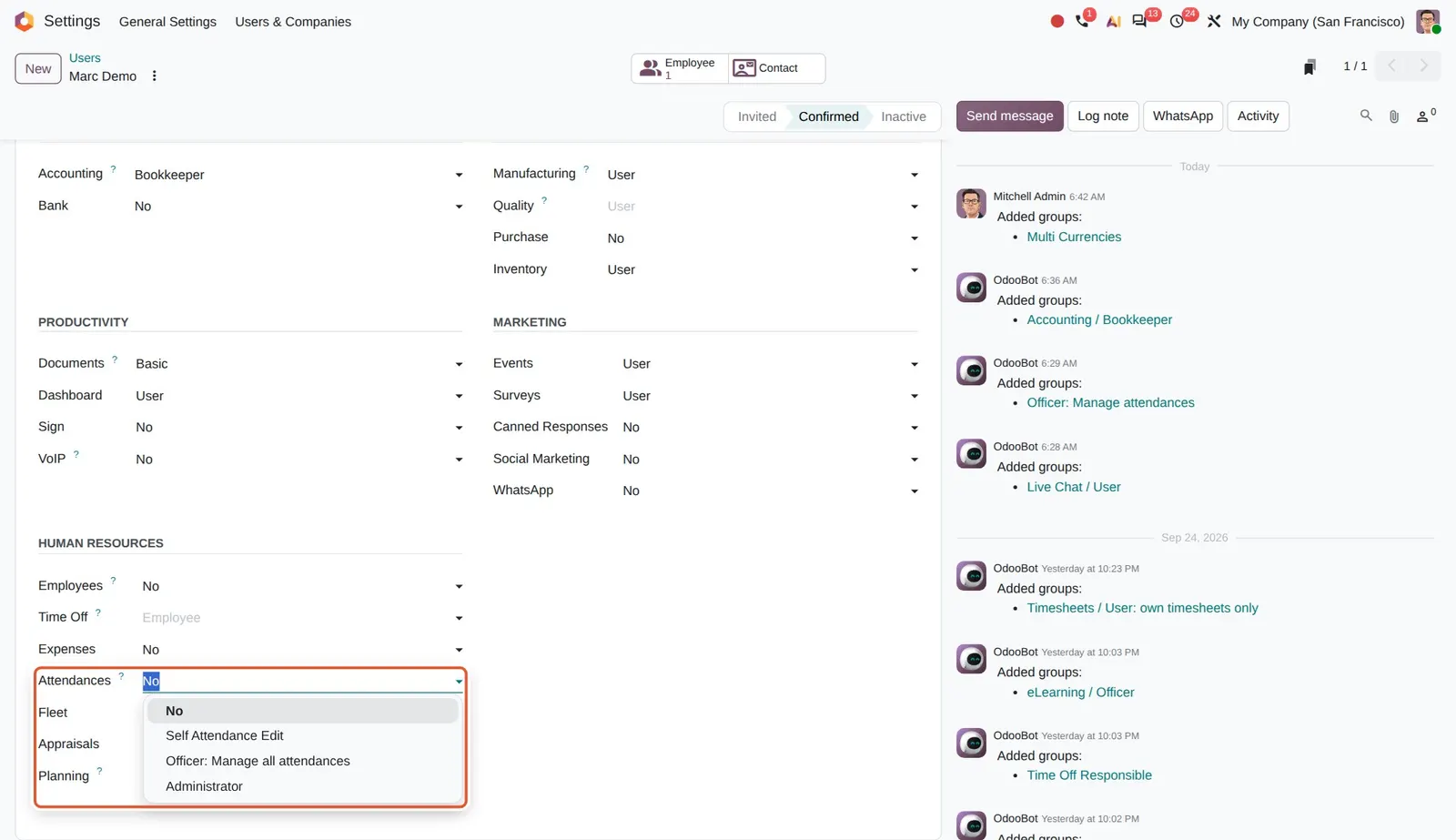 Odoo 20 Prevent app use: The Attendances levels: No, Self Attendance Edit, Officer: Manage all attendances, Administrator.