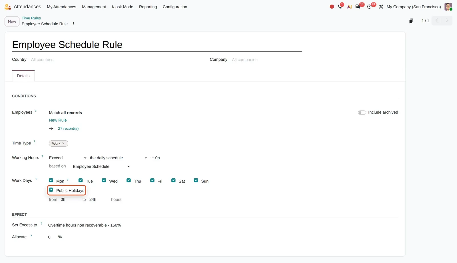 Odoo 20 Public holiday option ruleset: The Public Holidays condition of a time rule.