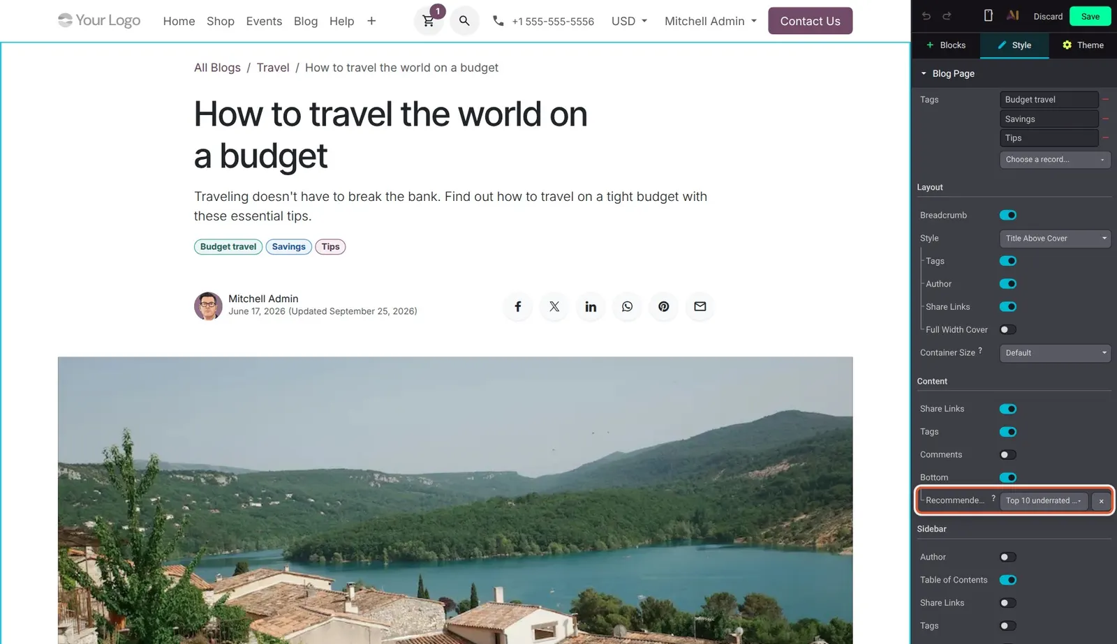 Odoo 20 Recommended post: Recommended Post set to "Top 10 underrated travel destinations in Asia".