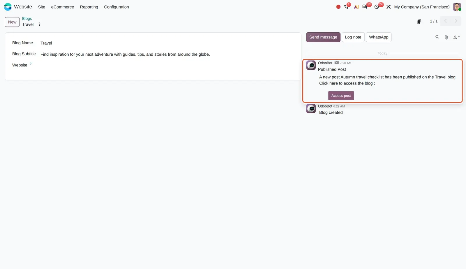 Odoo 20 Scheduled blog posts: The "Published Post" message sent to the blog's followers when the scheduled action published "Autumn travel checklist".