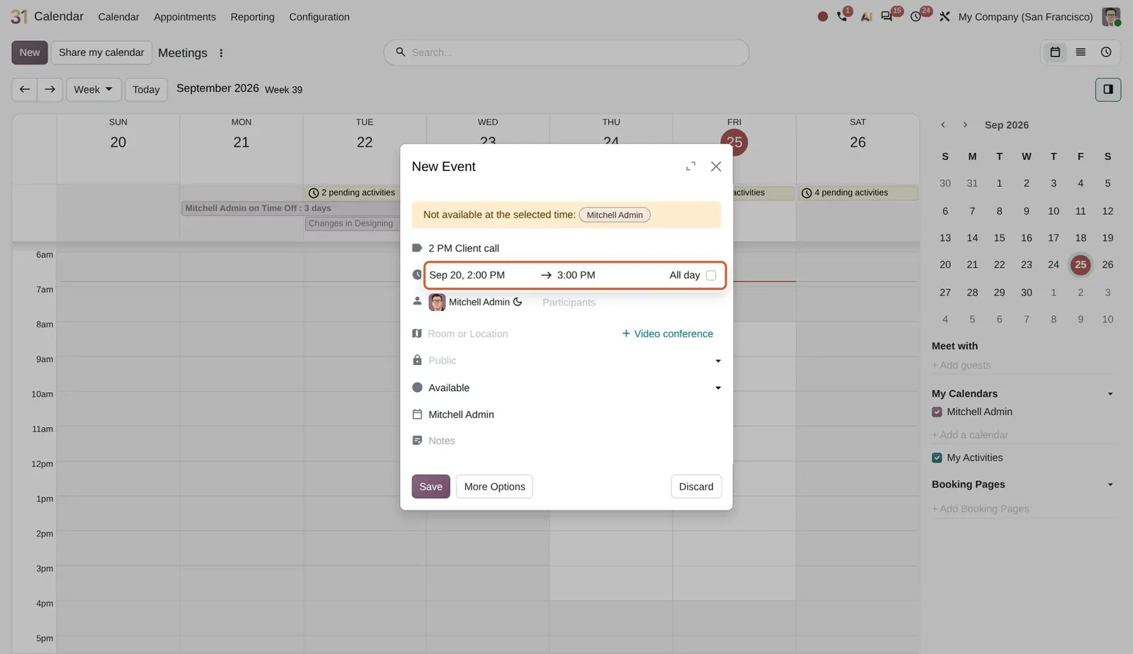 Odoo 20 Detection of times in "All day" event titles: After typing "2 PM Client call" in an all-day slot, the event switched to Sep 20, 2:00 PM to 3:00 PM and "All day" is unticked.