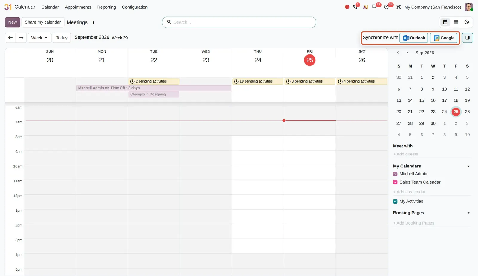 Odoo 20 Google and Outlook synchronization: The header shows "Synchronize with Outlook / Google" once credentials are set. Dummy credentials were used for this shot, so no real sync ran.