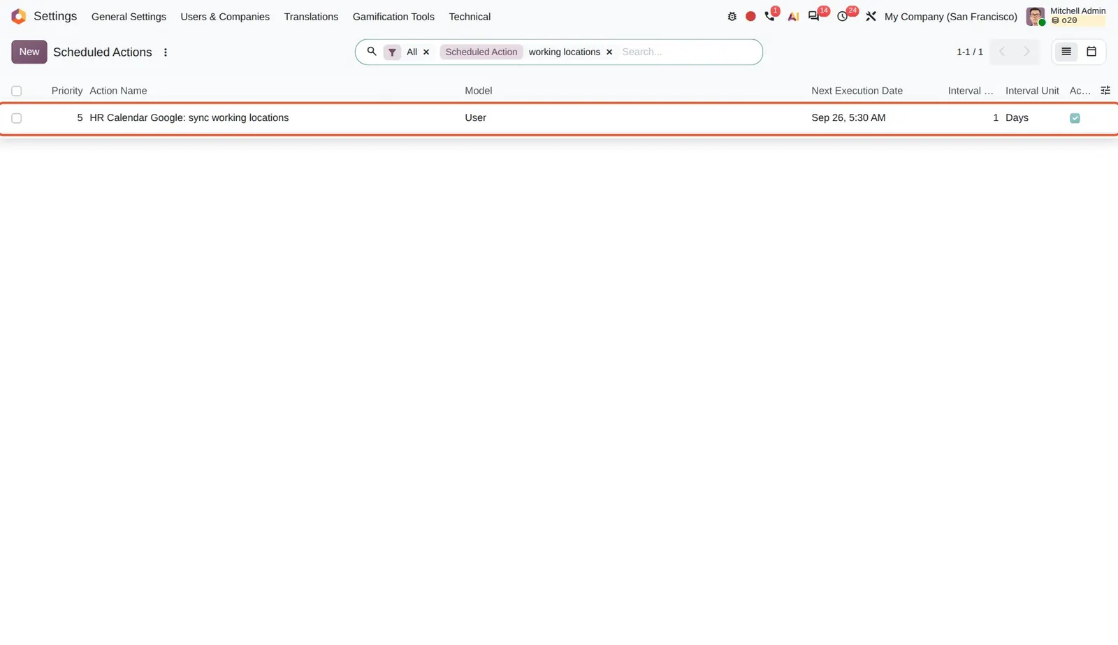 Odoo 20 Google Calendar sync: The daily scheduled action "HR Calendar Google: sync working locations" added by the new module.