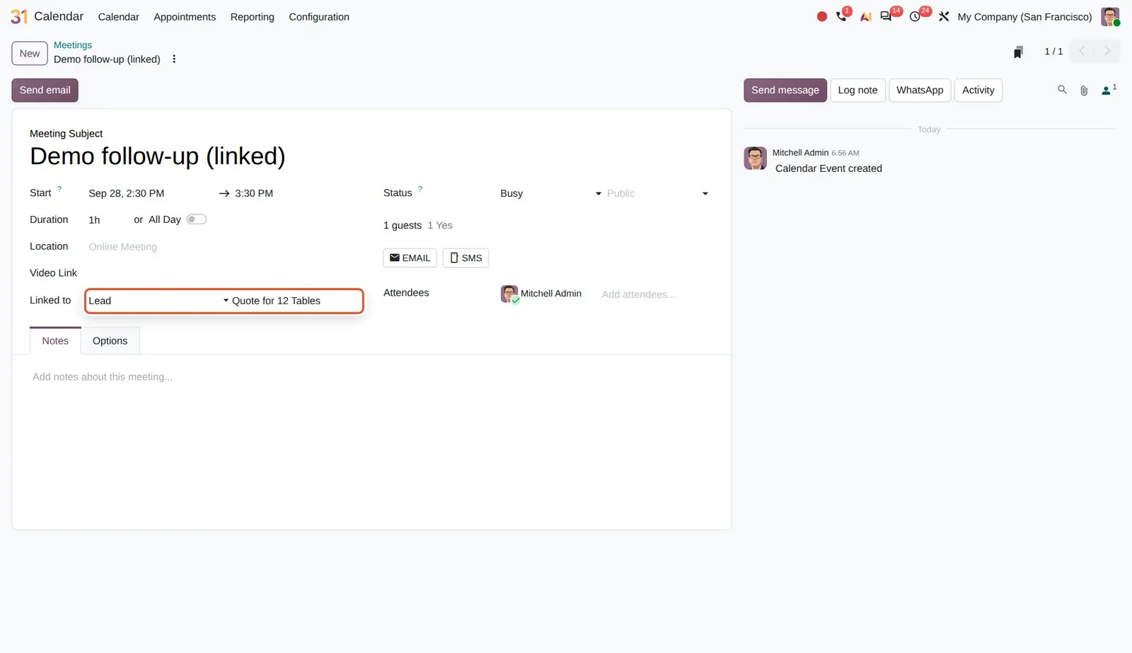 Odoo 20 Linked records: The "Linked to" field set to Lead / Quote for 12 Tables.