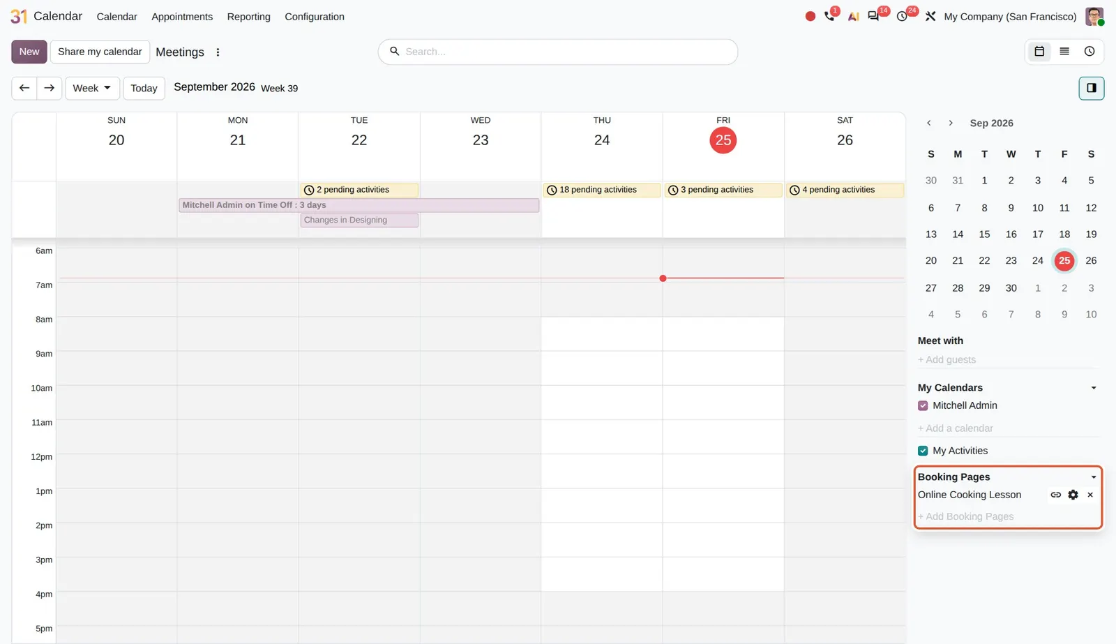Odoo 20 Manage and share availabilities: Booking Pages in the side panel, with the copy-link, settings and remove buttons of Online Cooking Lesson. "Share my calendar" is at the top left.