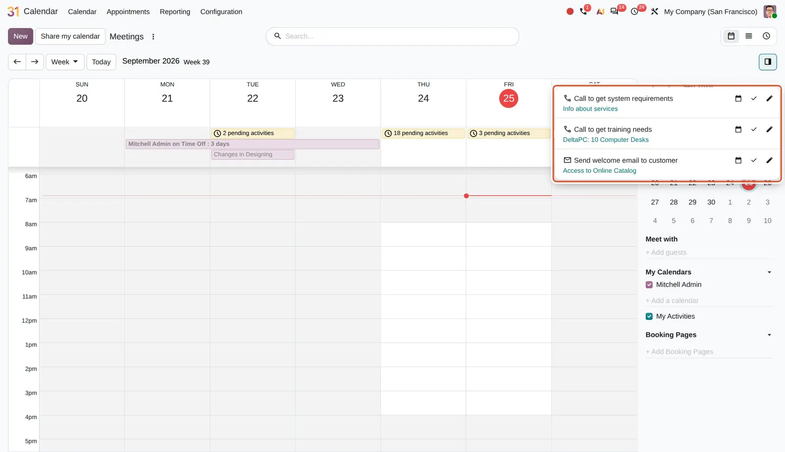 Odoo 20 Manage pending activities: The popover lists the three activities due that day, each with reschedule, done and edit buttons.