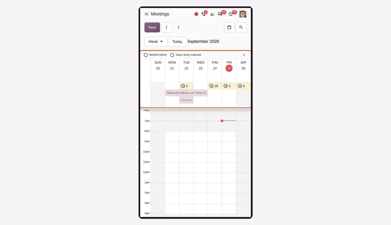 Odoo 20 Mobile calendar redesign: The compact filter strip and the narrow week header with pending-activity chips on a phone-sized screen.