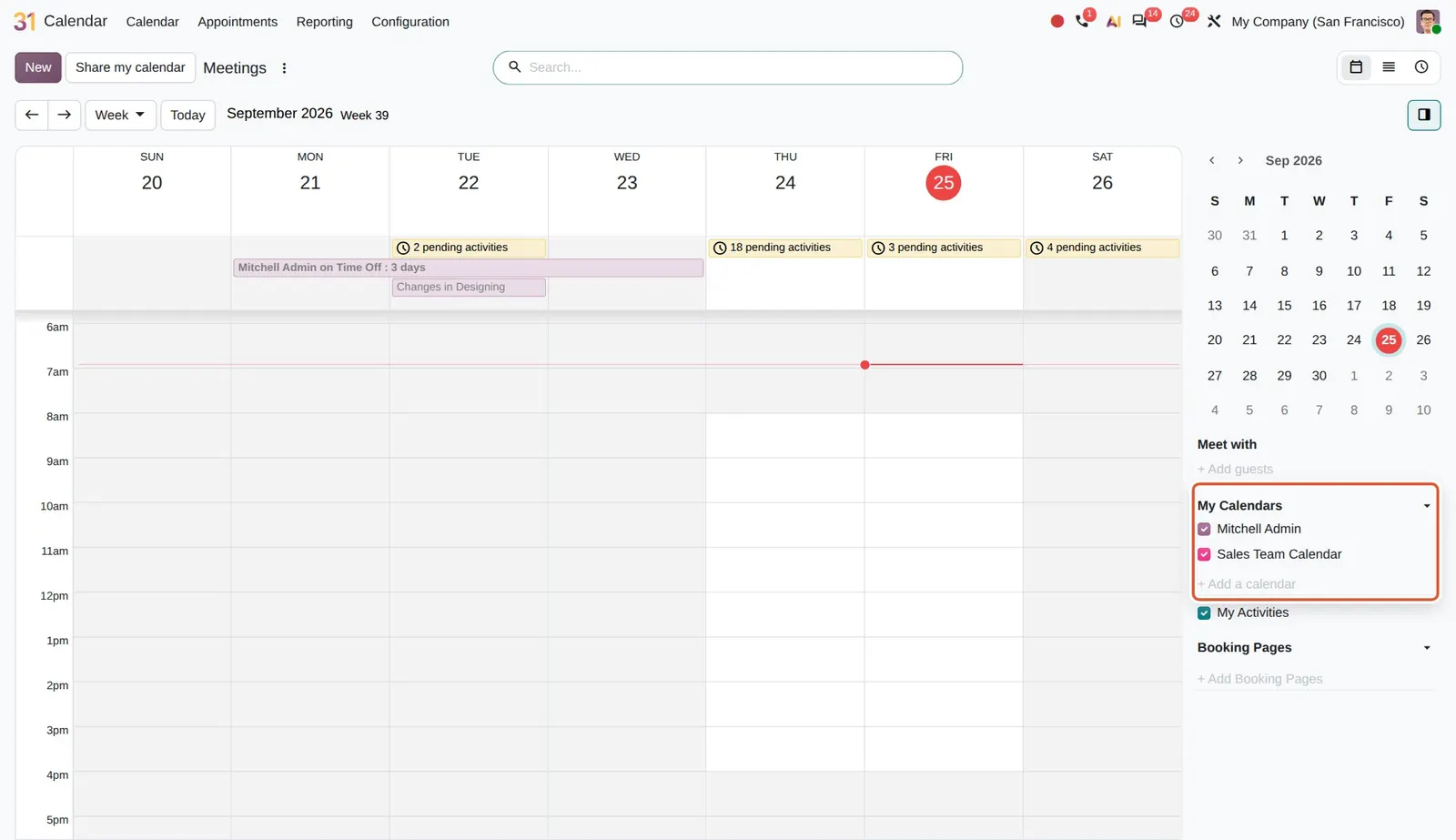 Odoo 20 Multiple calendars in one place: "My Calendars" lists the personal calendar and a shared "Sales Team Calendar", with "+ Add a calendar" below.