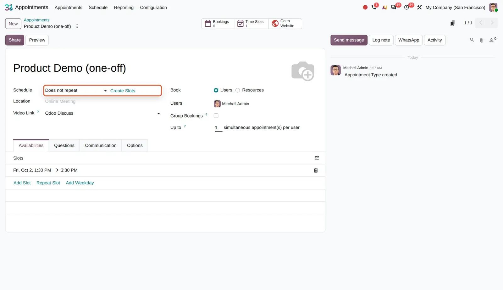 Odoo 20 Non-recurring appointments: Schedule set to "Does not repeat" with the "Create Slots" link; the one-off slot is listed below.