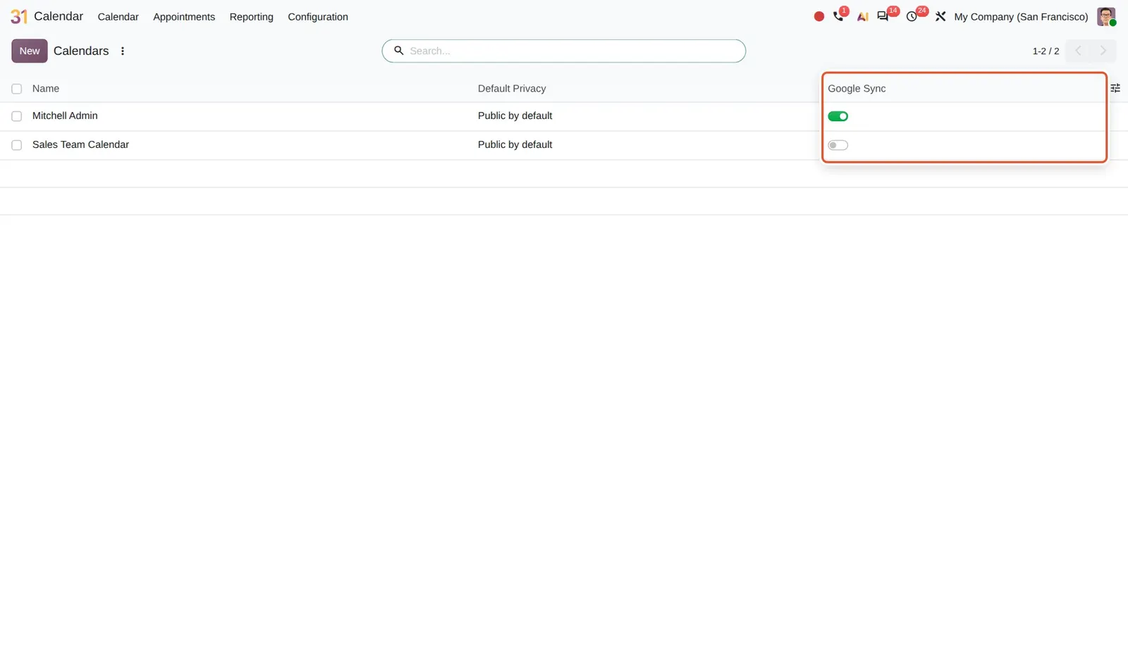 Odoo 20 Sync multiple Google calendars: The "Google Sync" switch on each calendar: on for the personal calendar, off for the Sales Team Calendar.