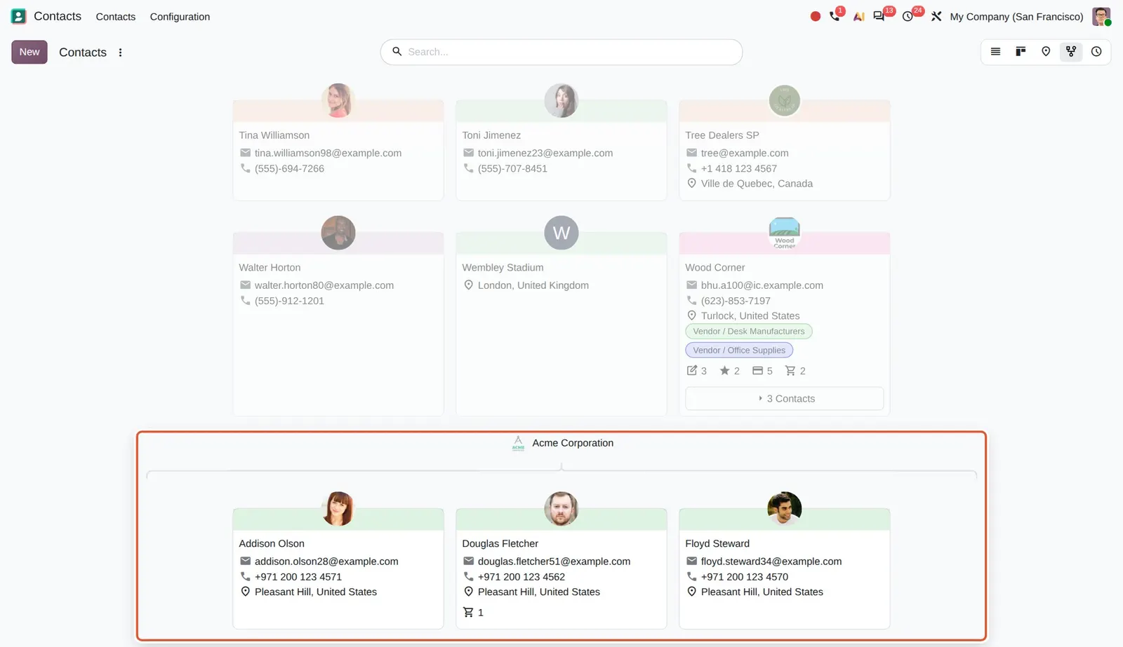Odoo 20 Hierarchical view: Acme Corporation unfolded with its three contacts: Addison Olson, Douglas Fletcher and Floyd Steward.