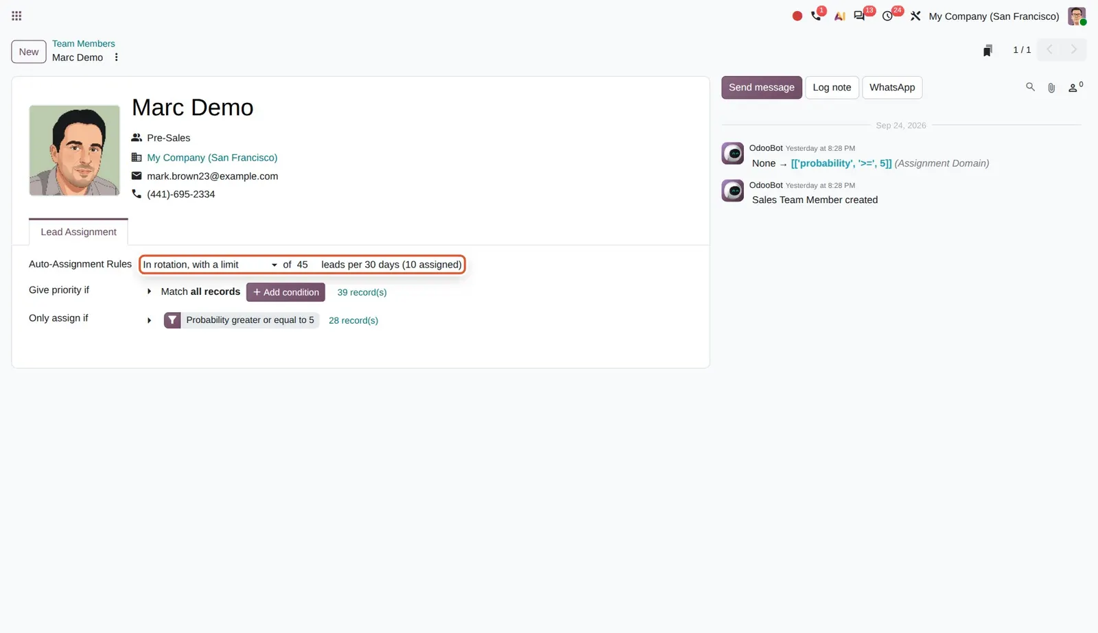 Odoo 20 Lead distribution: Auto-Assignment Rules set to "In rotation, with a limit" of 45 leads per 30 days (10 assigned).