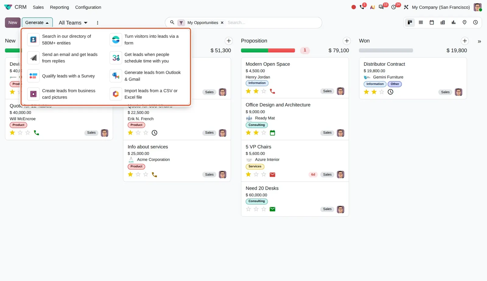 Odoo 20 Lead generation: The Generate menu with eight ways to get leads.