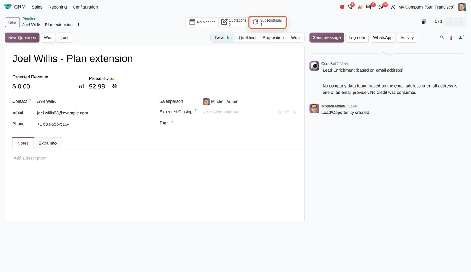 Odoo 20 Upsells from lead: The Subscriptions smart button shows the customer's 3 subscriptions.