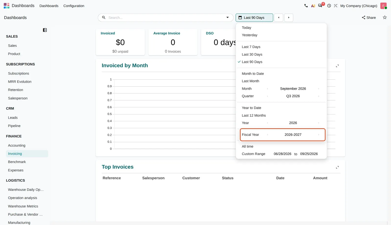 Odoo 20 Fiscal year date filter: The date filter lists "Fiscal Year 2026-2027" for a company whose fiscal year ends on 31 March.