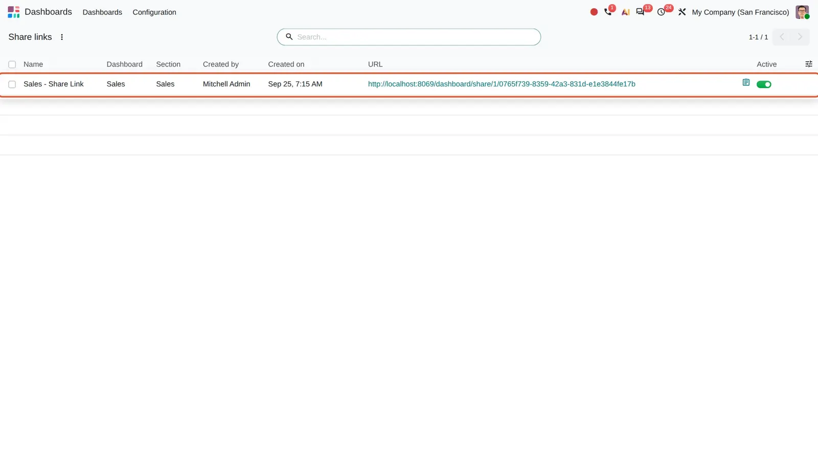Odoo 20 Frozen share links: The frozen link "Sales - Share Link" with its URL and Active switch.