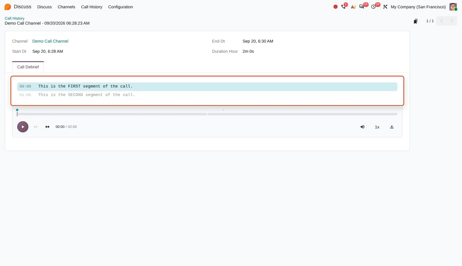 Odoo 20 Call transcripts: The Call Debrief tab shows the transcript of the call with timestamps, above the audio player.