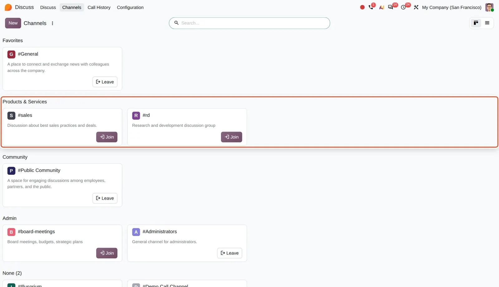Odoo 20 Channel categories: The "Products & Services" category groups the #sales and #rd channels.