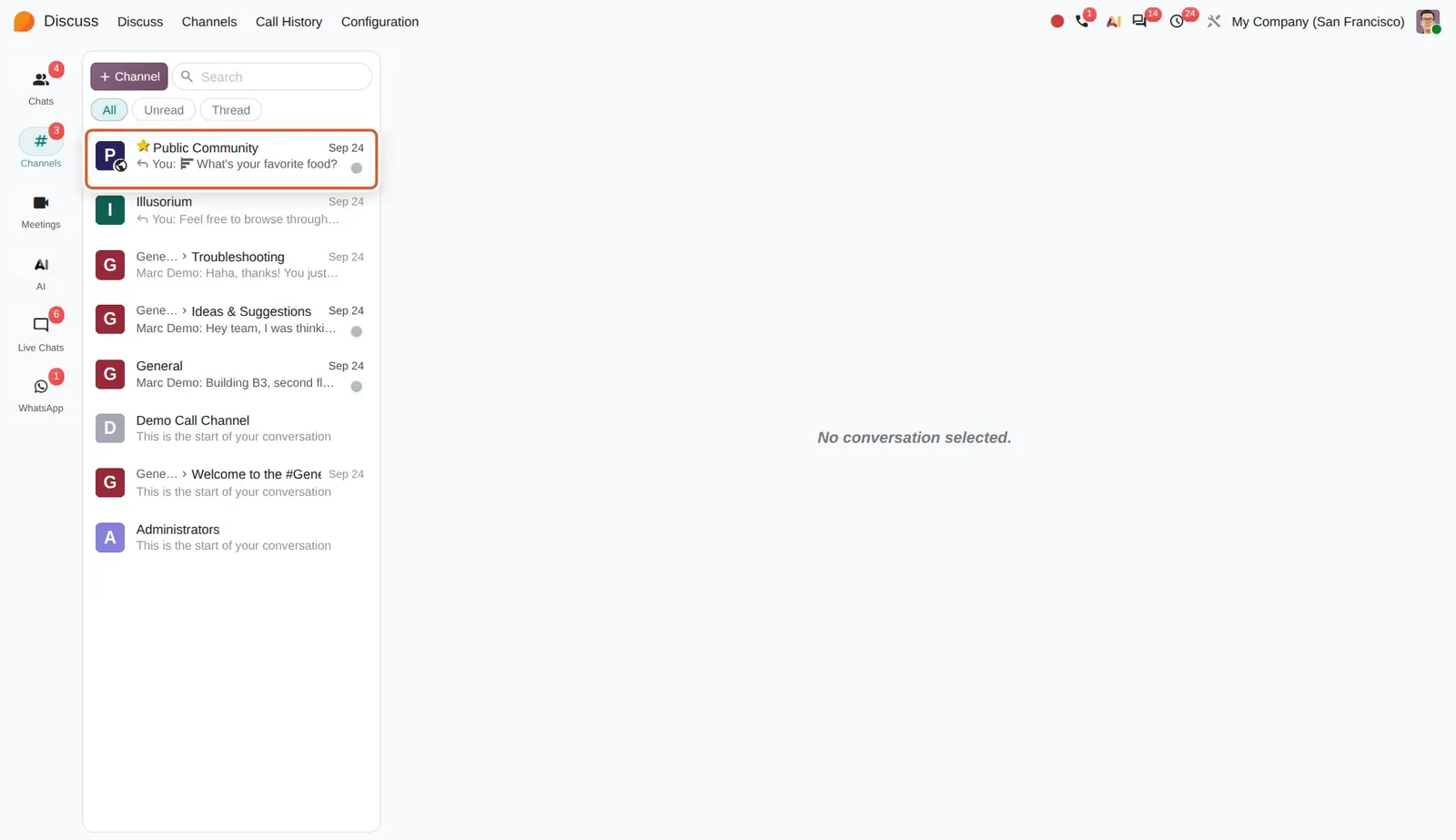 Odoo 20 Favorite channels: Public Community is a favorite: it shows a star and sits at the top of the list.