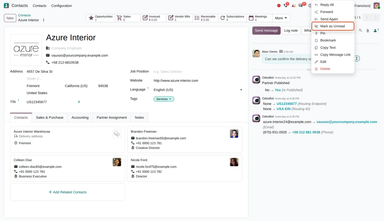 Odoo 20 Mark notifications as unread: "Mark as Unread" in the message menu of a read Inbox notification.
