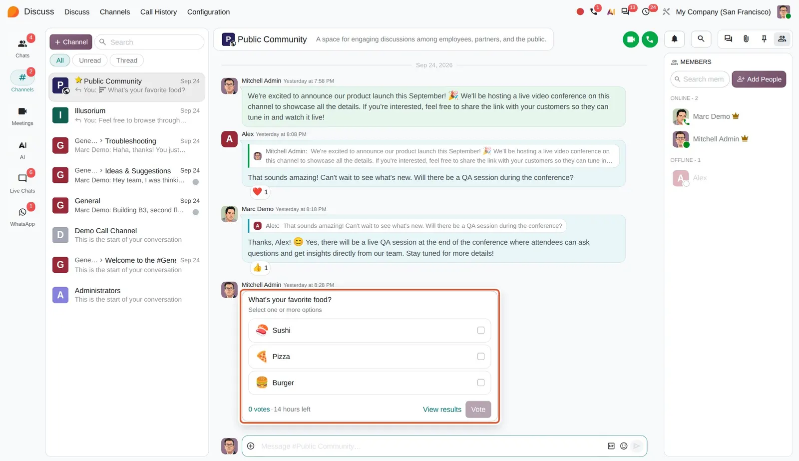 Odoo 20 Polls: A poll in the channel with its options, vote count, time left and Vote button.