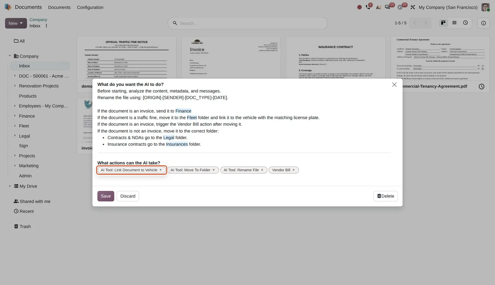 Odoo 20 Auto-sort fleet documents: "AI Tool: Link Document to Vehicle" is one of the actions the AI can take when sorting this folder.