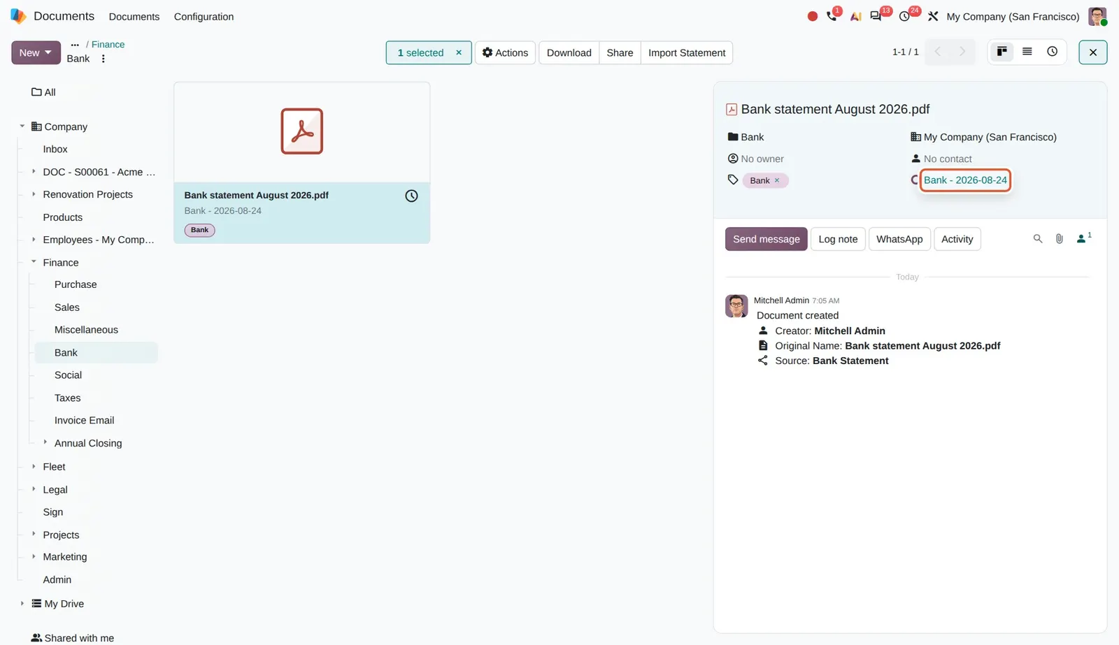 Odoo 20 Bank statement attachments: The document is linked to the bank statement "Bank - 2026-08-24" it was attached to.