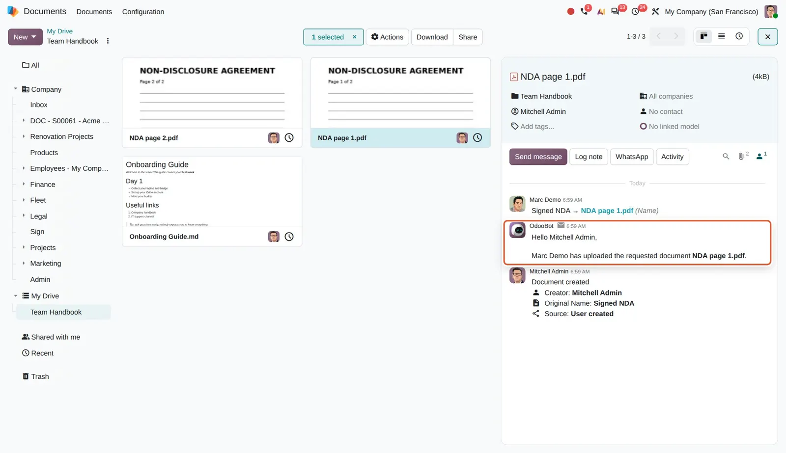Odoo 20 Document request upload notification: OdooBot tells Mitchell Admin that Marc Demo uploaded the requested document.