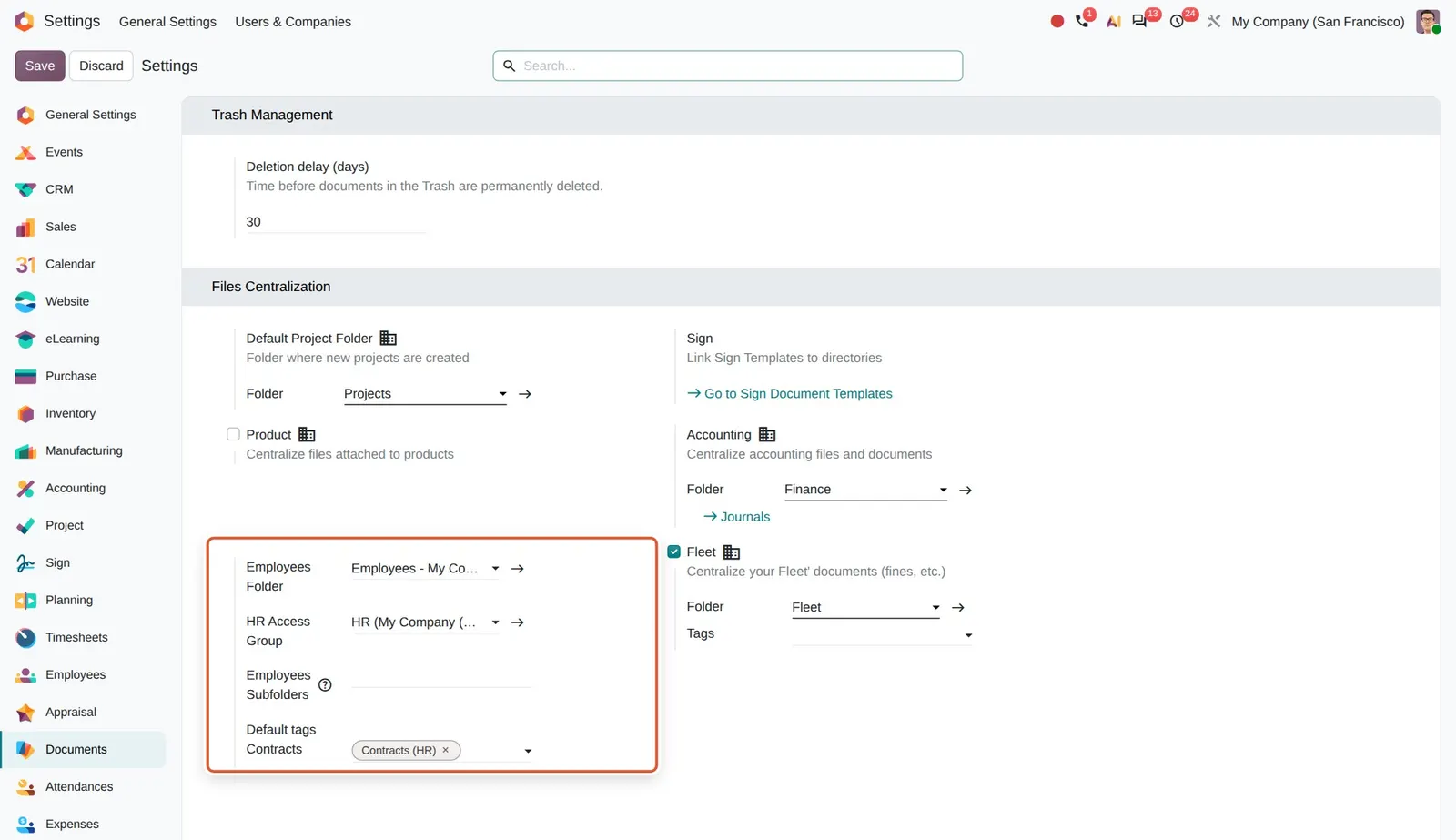 Odoo 20 Employee documents: The employee documents setting has no on/off checkbox any more; it only sets the Employees folder, HR access group, subfolders and default tags.