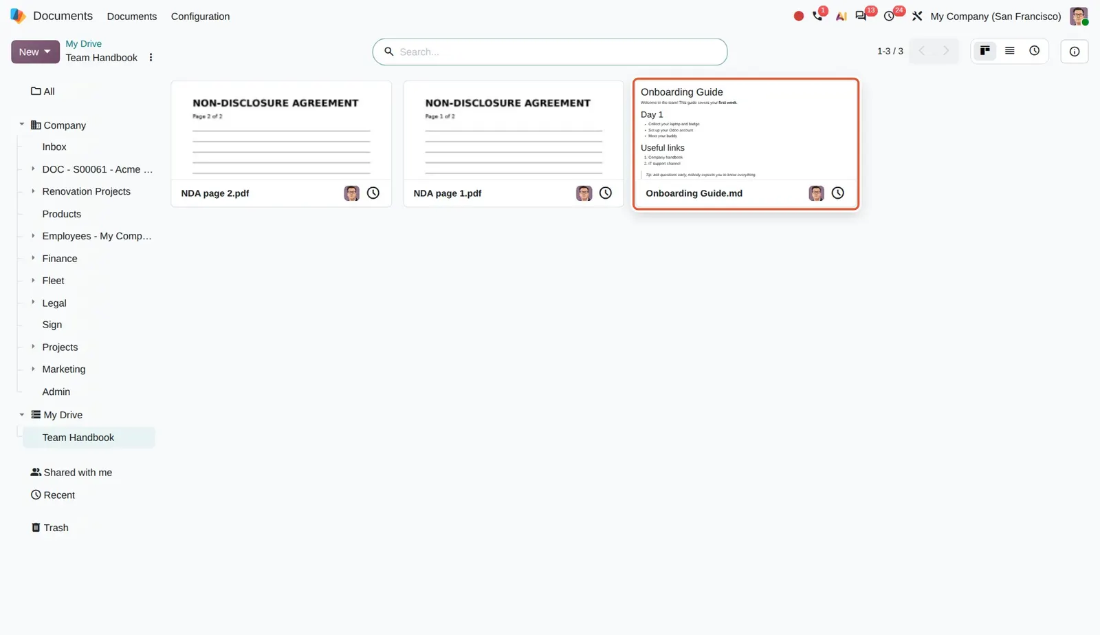 Odoo 20 Markdown previews and thumbnails: The Onboarding Guide.md card shows the rendered markdown as its thumbnail.